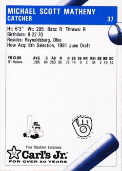 1992 Fleer ProCards #37 Mike Matheny Back