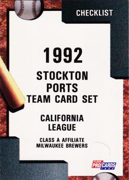 1992 Fleer ProCards #53 Stockton Ports Checklist Front