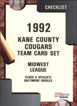 1992 Fleer ProCards #110 Kane County Cougars Checklist Front