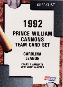 1992 Fleer ProCards #167 Prince William Cannons Checklist Front