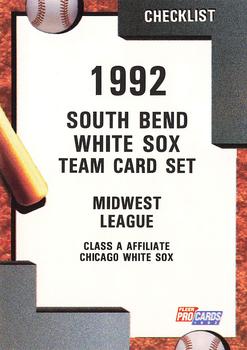 1992 Fleer ProCards #197 South Bend White Sox Checklist Front