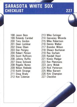 1992 Fleer ProCards #227 Sarasota White Sox Checklist Back