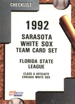 1992 Fleer ProCards #227 Sarasota White Sox Checklist Front