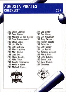 1992 Fleer ProCards #257 Augusta Pirates Checklist Back