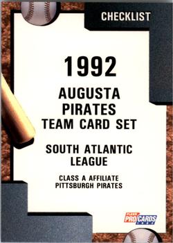 1992 Fleer ProCards #257 Augusta Pirates Checklist Front