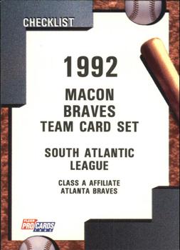 1992 Fleer ProCards #287 Macon Braves Checklist Front