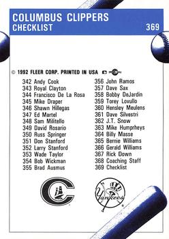 1992 Fleer ProCards #369 Columbus Clippers Checklist Back
