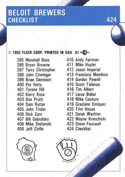 1992 Fleer ProCards #424 Beloit Brewers Checklist Back