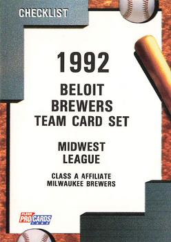 1992 Fleer ProCards #424 Beloit Brewers Checklist Front