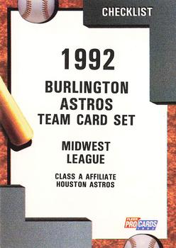 1992 Fleer ProCards #565 Burlington Astros Checklist Front