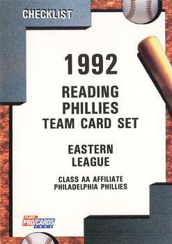 1992 Fleer ProCards #594 Reading Phillies Checklist Front