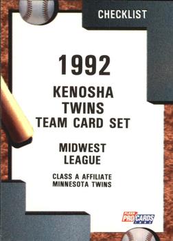 1992 Fleer ProCards #622 Kenosha Twins Checklist Front