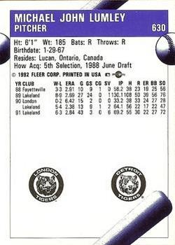 1992 Fleer ProCards #630 Mike Lumley Back