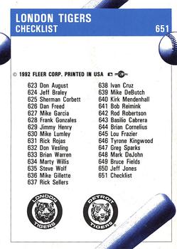 1992 Fleer ProCards #651 London Tigers Checklist Back