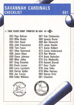 1992 Fleer ProCards #681 Savannah Cardinals Checklist Back