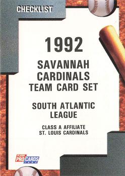 1992 Fleer ProCards #681 Savannah Cardinals Checklist Front