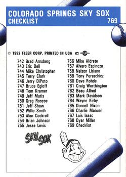 1992 Fleer ProCards #769 Colorado Springs Sky Sox Checklist Back