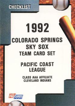 1992 Fleer ProCards #769 Colorado Springs Sky Sox Checklist Front