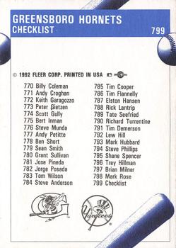 1992 Fleer ProCards #799 Greensboro Hornets Checklist Back