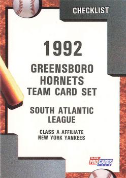 1992 Fleer ProCards #799 Greensboro Hornets Checklist Front