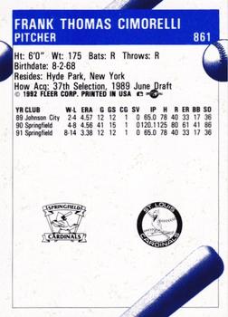 1992 Fleer ProCards #861 Frank Cimorelli Back