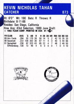 1992 Fleer ProCards #873 Kevin Tahan Back