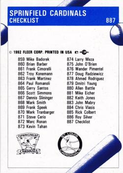 1992 Fleer ProCards #887 Springfield Cardinals Checklist Back