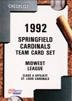 1992 Fleer ProCards #887 Springfield Cardinals Checklist Front