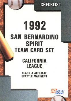 1992 Fleer ProCards #3437 San Bernardino Spirit Checklist Front