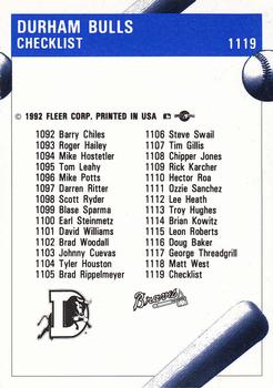 1992 Fleer ProCards #1119 Durham Bulls Checklist Back