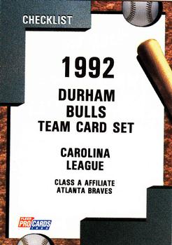 1992 Fleer ProCards #1119 Durham Bulls Checklist Front