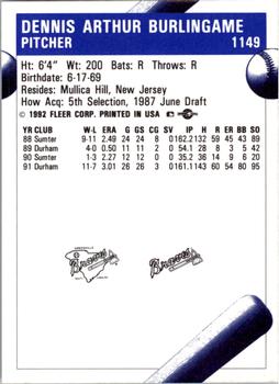 1992 Fleer ProCards #1149 Dennis Burlingame Back