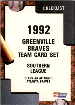 1992 Fleer ProCards #1171 Greenville Braves Checklist Front