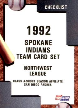 1992 Fleer ProCards #1313 Spokane Indians Checklist Front