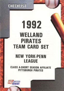 1992 Fleer ProCards #1343 Welland Pirates Checklist Front