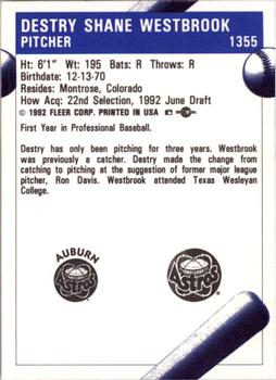 1992 Fleer ProCards #1355 Destry Westbrook Back