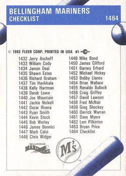 1992 Fleer ProCards #1464 Bellingham Mariners Checklist Back
