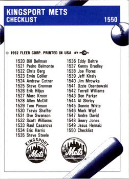 1992 Fleer ProCards #1550 Kingsport Mets Checklist Back