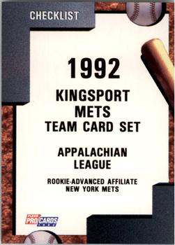 1992 Fleer ProCards #1550 Kingsport Mets Checklist Front