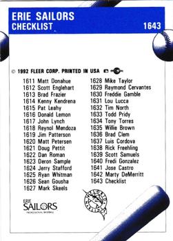 1992 Fleer ProCards #1643 Erie Sailors Checklist Back