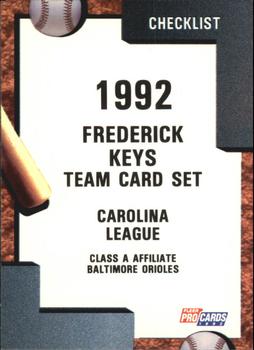 1992 Fleer ProCards #1825 Frederick Keys Checklist Front