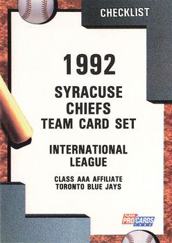 1992 Fleer ProCards #1989 Syracuse Chiefs Checklist Front