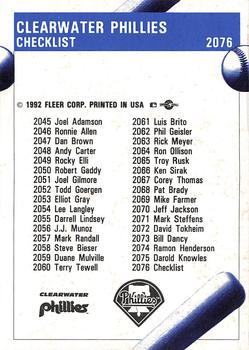 1992 Fleer ProCards #2076 Clearwater Phillies Checklist Back