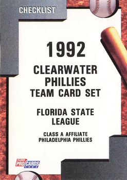 1992 Fleer ProCards #2076 Clearwater Phillies Checklist Front