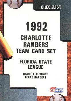 1992 Fleer ProCards #2043 Charlotte Rangers Checklist Front