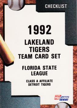 1992 Fleer ProCards #2296 Lakeland Tigers Checklist Front