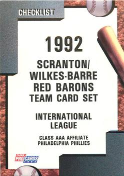1992 Fleer ProCards #2465 Scranton/Wilkes-Barre Red Barons Checklist Front