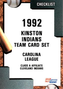 1992 Fleer ProCards #2494 Kinston Indians Checklist Front