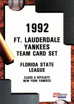 1992 Fleer ProCards #3011 Fort Lauderdale Yankees Checklist Front