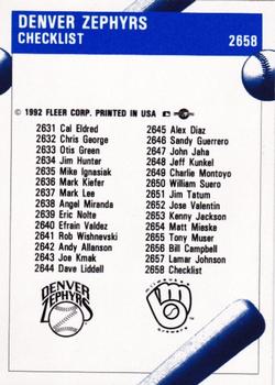 1992 Fleer ProCards #2658 Denver Zephyrs Checklist Back